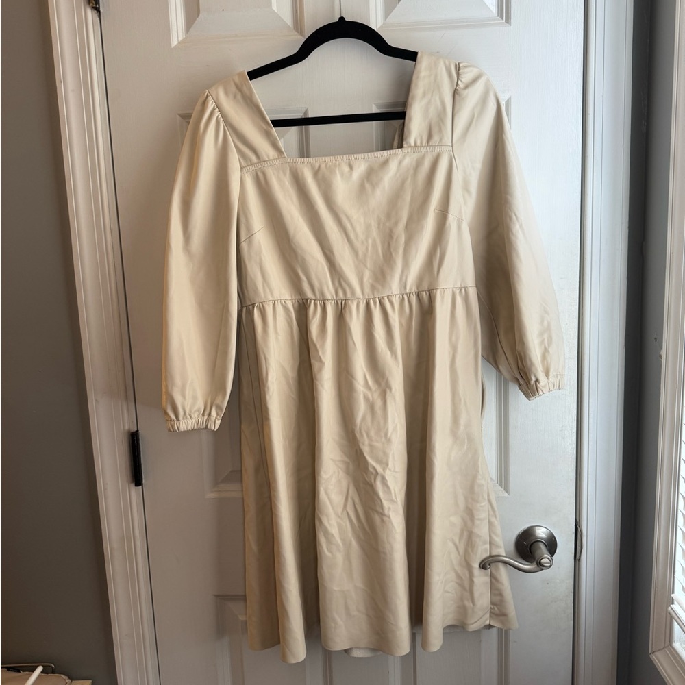 Cream Leather Feel Long Sleeve Dress